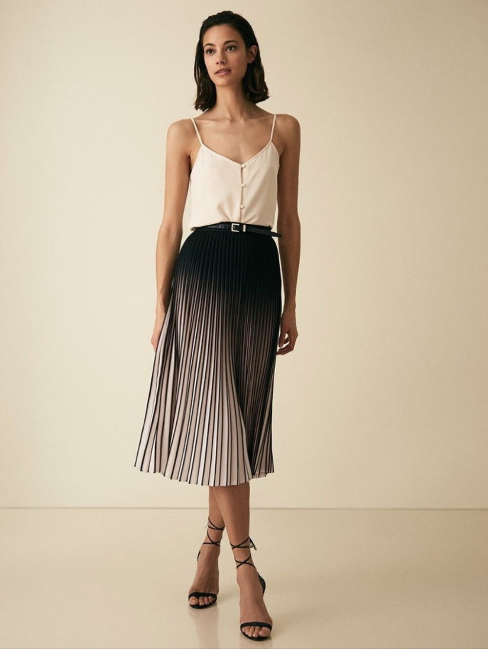 Reiss Black-to-Light Pleated Ombre Midi Skirt